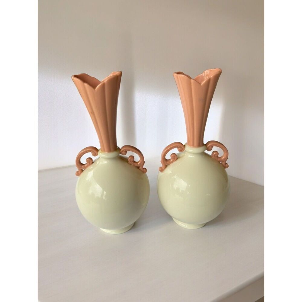 Two Rare 1930s 8” Bulbous Handled Lenox Bud Vase Ivory and Soft pink/coral